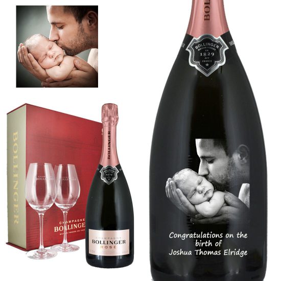Photo Engraved Bollinger Rose Champagne Gift Set With Glasses